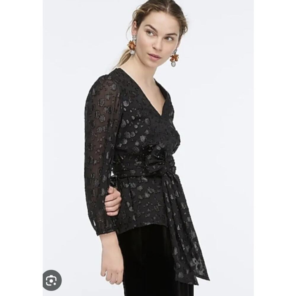 J. Crew Tie-waist V-neck Top Black Metallic Dot Jacquard Blouse XS AG578